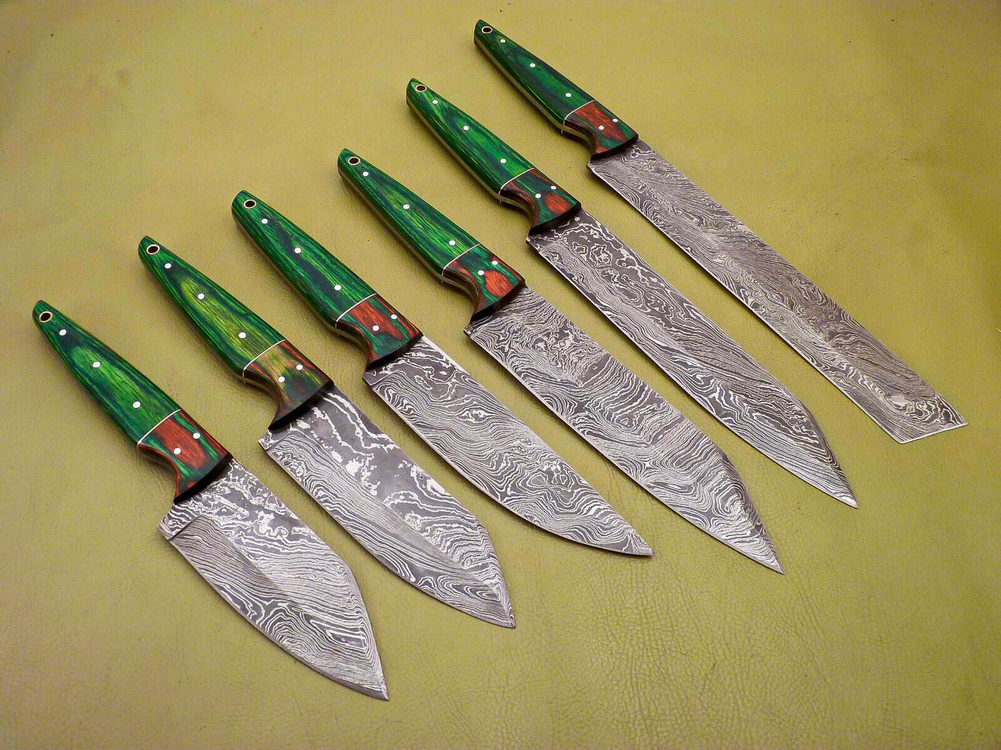 Lot of 6 Custom Damascus Chef Knives – Full Tang Kitchen & Skinning Set