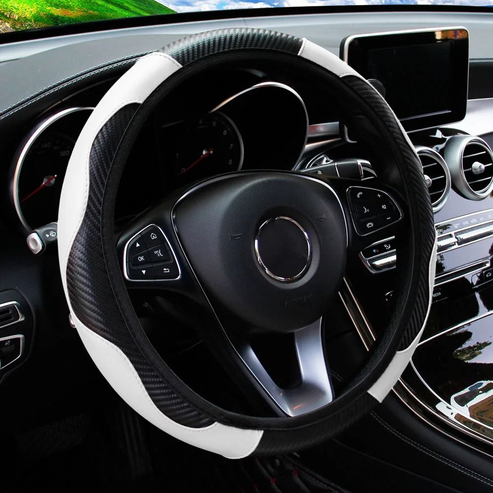 Carbon Fiber PU Leather Steering Wheel Cover 14.5 to 15 Inches