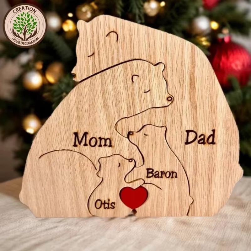 Custom Name Bear Family Puzzle Ornament Personalized Wooden Keepsake Gift