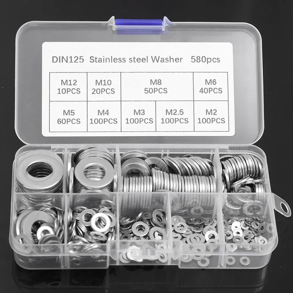 Stainless Steel Flat Washer Assortment Kit 180-580pcs M2-M12 Rings Gaskets for Screws, Bolts, Fasteners Box Organizer