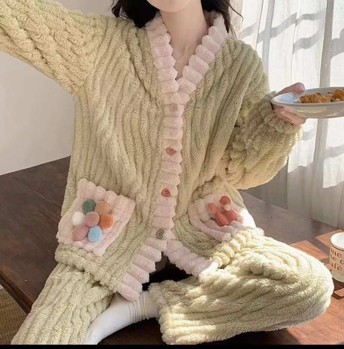 Cozy Thickened Warm Flannel Women Sleepwear, Winter Sweet Kawaii Soft Fairy Wind Loungewear Pajamas Cardigan Suit