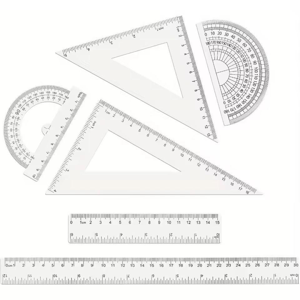 6 Piece Geometry Tools Clear Plastic Dual Measurements Rulers Protractor Triangles for Students and Office
