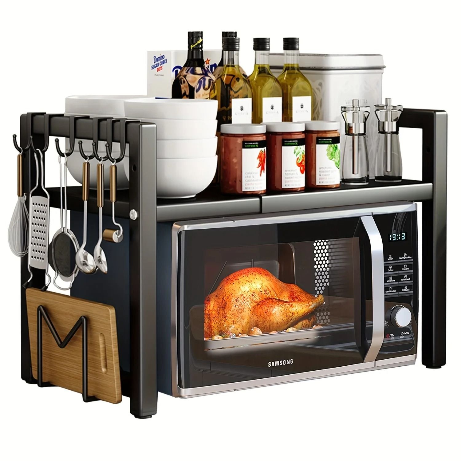 Expandable Microwave Shelf Rack Adjustable Kitchen Storage Organizer with Hooks