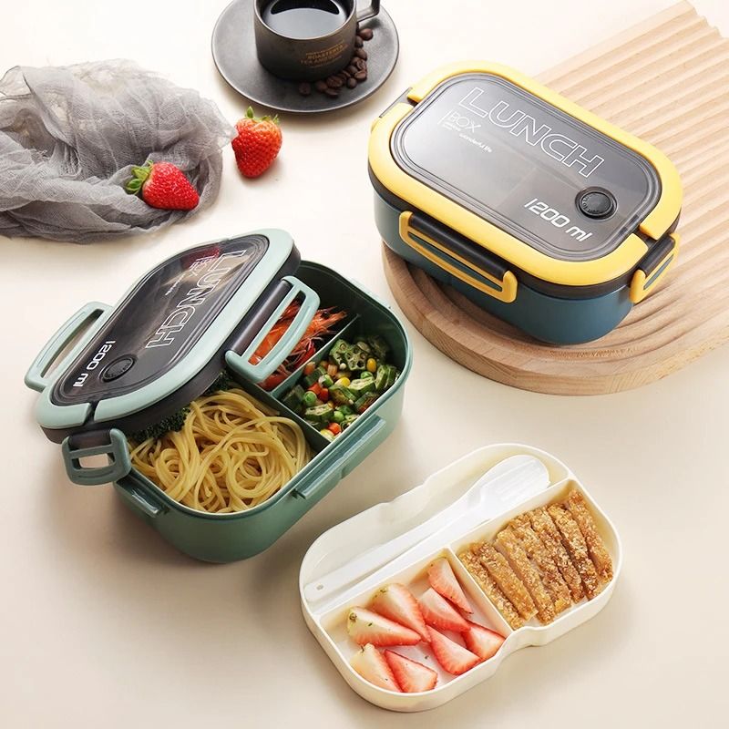 Portable Double Layer Lunch Box with Compartments Microwave Safe Food Container with Fork and Spoon