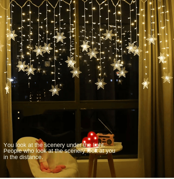 SnowGlow 3.2 m Snowflake LED Curtain Lights – Waterproof Holiday Fairy String Decor