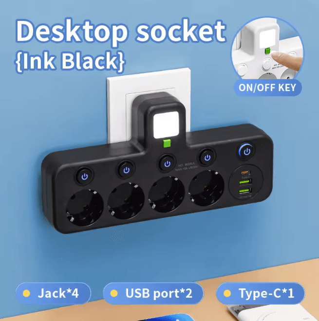 EU Multi Socket Wall Plug Adapter Four Way Power Socket Space Saving Design