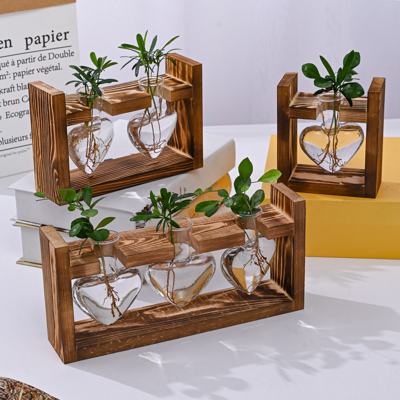 Heart Shape Wooden Frame Glass Vase, Vintage Bonsai Hydroponic Plant Vase for Wedding