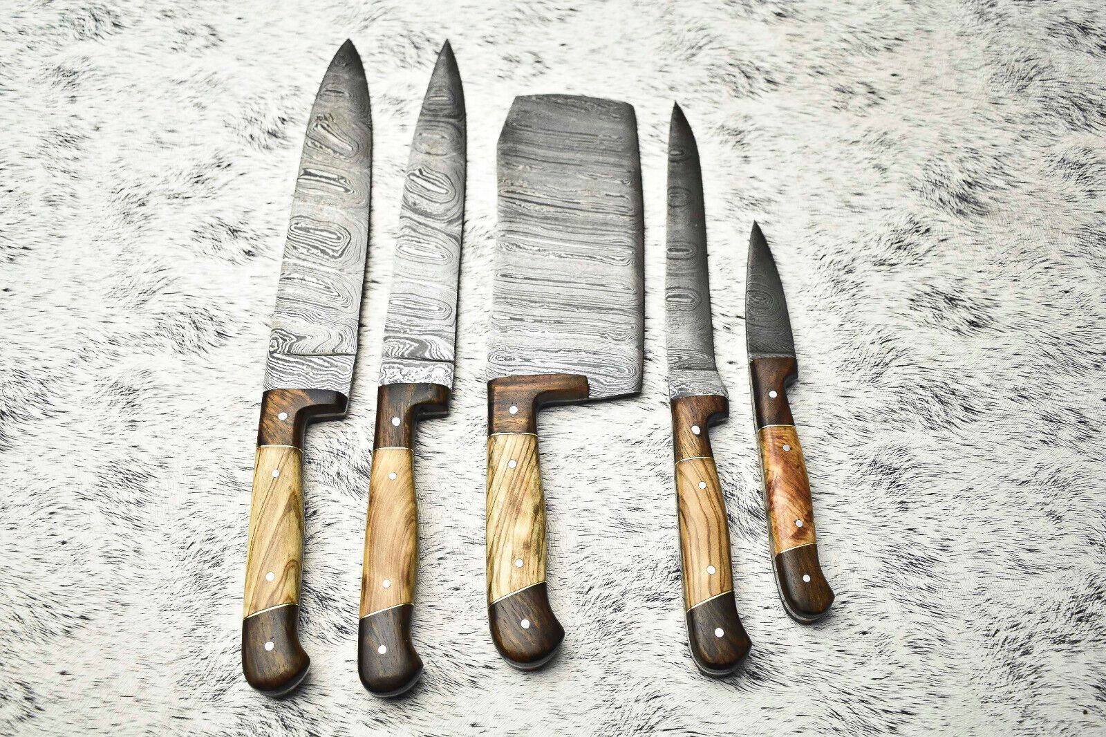 Lot of 5 Handmade Damascus Steel Chef Knives Set | Full Tang with Olive Wood Handles