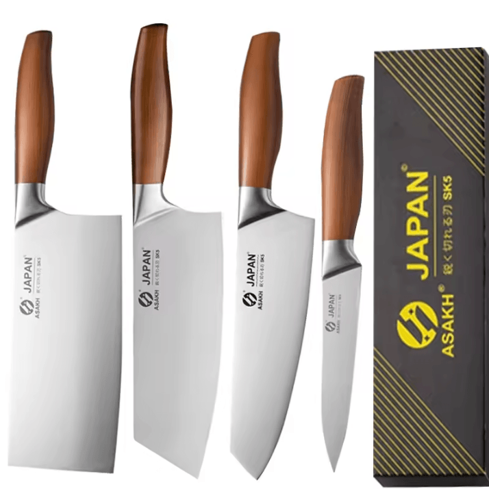 Professional Japanese Kitchen Knives Set with Chef, Santoku, Fillet, and Cleaver