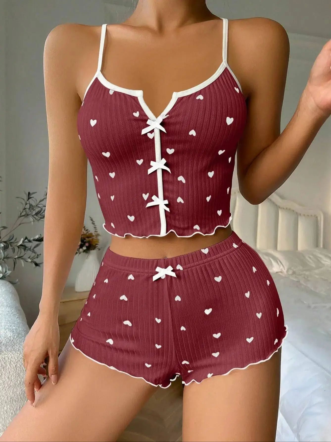 Womens Heart Print Silk V-Neck Pajama Set