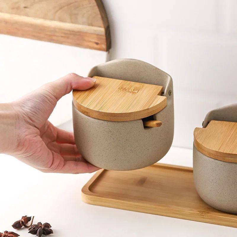 Japanese Style Ceramic Seasoning Jar Set With Bamboo Lid And Spoon