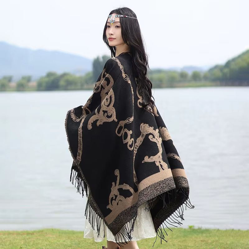 Luxury Jacquard Cashmere Poncho Cape, Thick Unisex Travel Shawl Wrap
