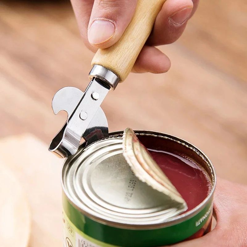 Easy Grip Manual Can Opener Wooden Handle Safe Smooth Cut Jar & Bottle Opener Heavy Duty Kitchen Tool for Home Bar