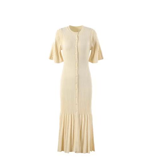 French Elegant Knitted Mermaid Dress Slimming Hollow Fish Tail Midi Dress