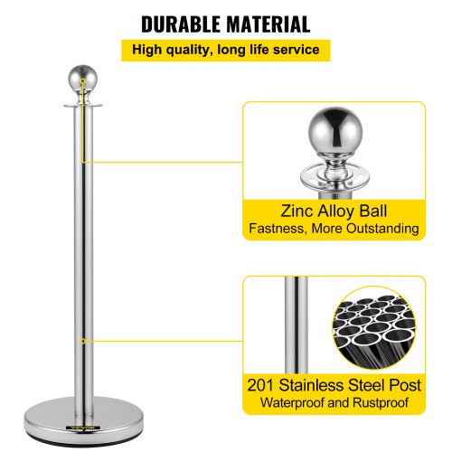 Retractable Crowd Control Barrier, 38 Inch Stainless Steel Stanchion Posts with Durable Red Velvet Rope (Silver)