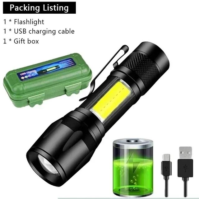 USB Rechargeable Mini COB and XPE LED Flashlight with Zoom and Pen Clip