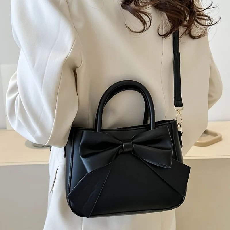 EleganceBow PU Leather Crossbody Handbag | Women's Chic Shoulder Bag with Gold Hardware & Detachable Strap