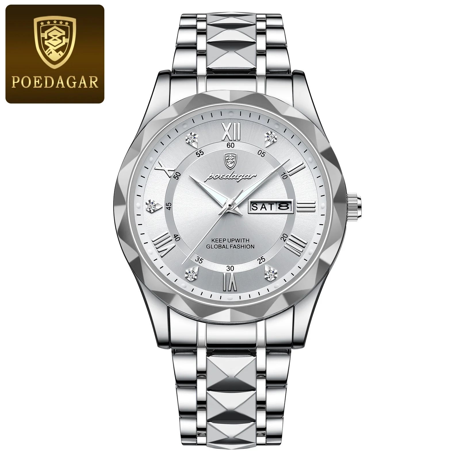 POEDAGAR 615 Luxury Waterproof Stainless Steel Men's Quartz Watch with Luminous Date & Week Display