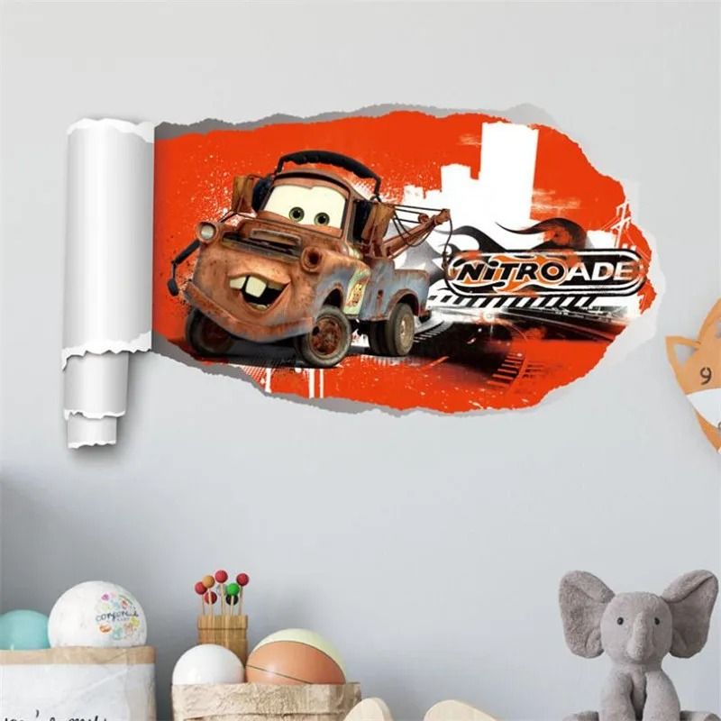 3D Cartoon Cars Breakthrough Wall Decal | Lightning McQueen Racing Mural | High-Fidelity Kid's Room & Playroom Art