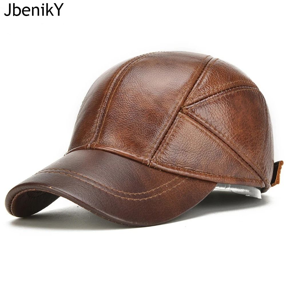 Mens Real Leather Earflap Cap Cowhide Baseball Hat for Fall and Winter