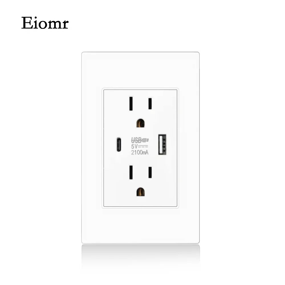 Eiomr US Standard Wall Socket with USB Type-C Charging Port 5V Fireproof PC Panel Power Outlet for Home, Office, Hotel