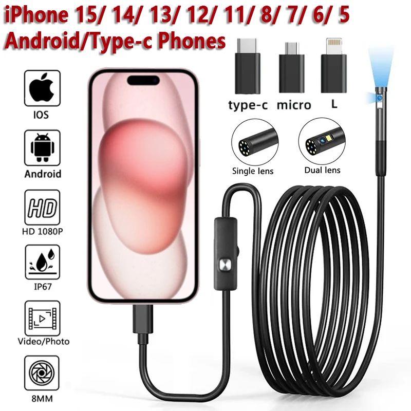 1080P 8mm Borescope Endoscope Camera for iPhone and Type-C Android, Flexible Automotive Inspection Camera