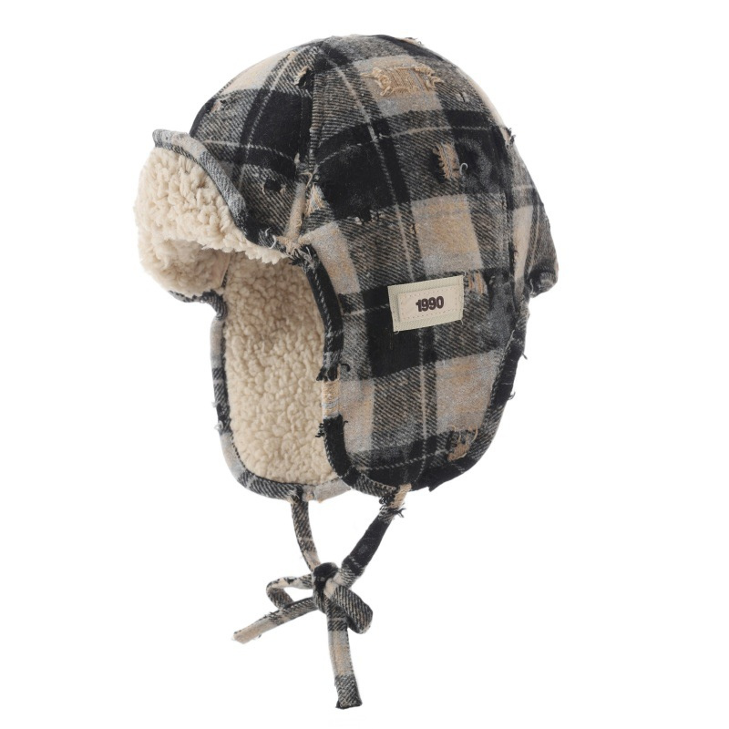 Plaid Unisex Ski Caps Thickened Warm Pilot Hat Windproof Bomber Hat