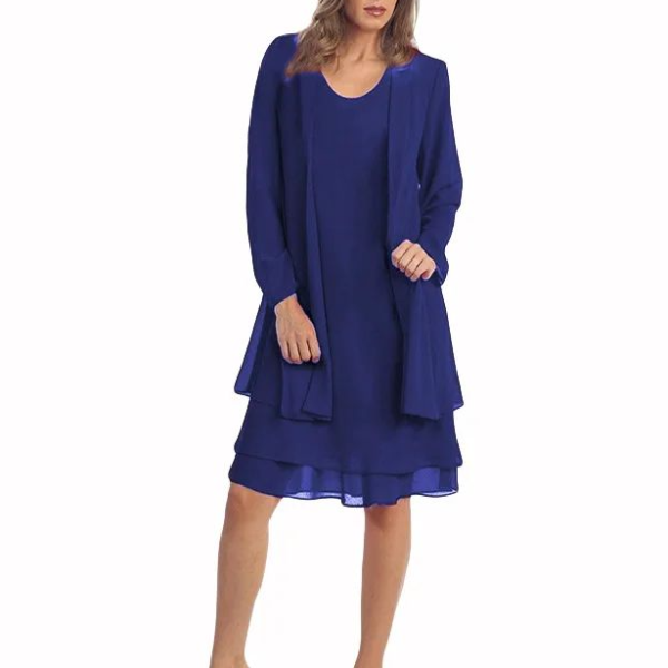 Elegant 2 Piece Chiffon Dress Set, Women Casual Long Sleeve Cardigan and Dress, Wedding Evening Party Outfit