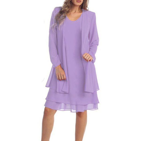 Elegant 2 Piece Chiffon Dress Set, Women Casual Long Sleeve Cardigan and Dress, Wedding Evening Party Outfit