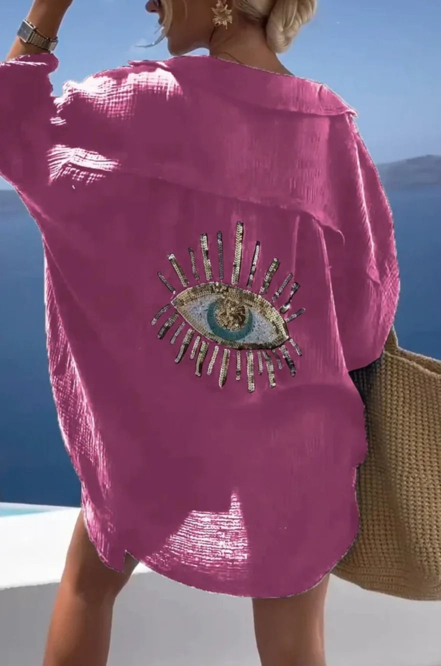 Casual Bright Sequin Evil Eye Long Sleeve Cotton Blouse