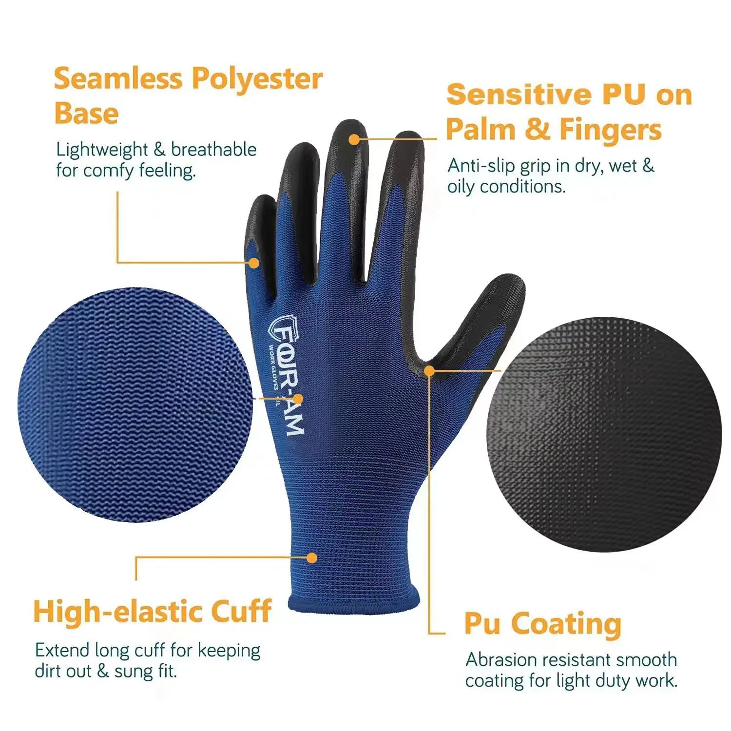 3 Pairs Ultra-Thin PU Coated Work Gloves – Excellent Grip, Nylon Shell, Polyurethane Safety Gloves with Knit Wrist Cuff