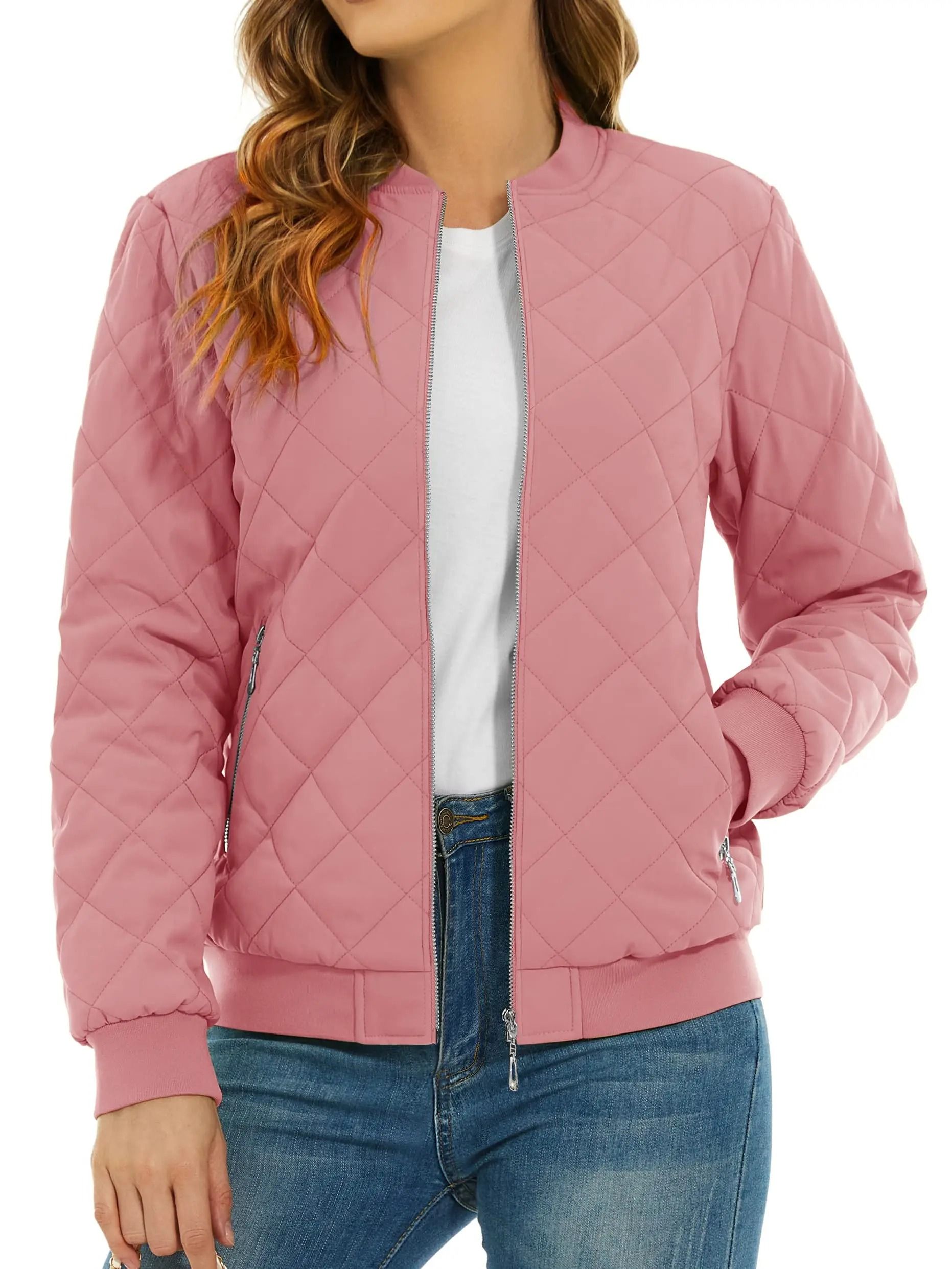 Womens Diamond Quilted Bomber Jacket Full Zip Warm Padded Coat