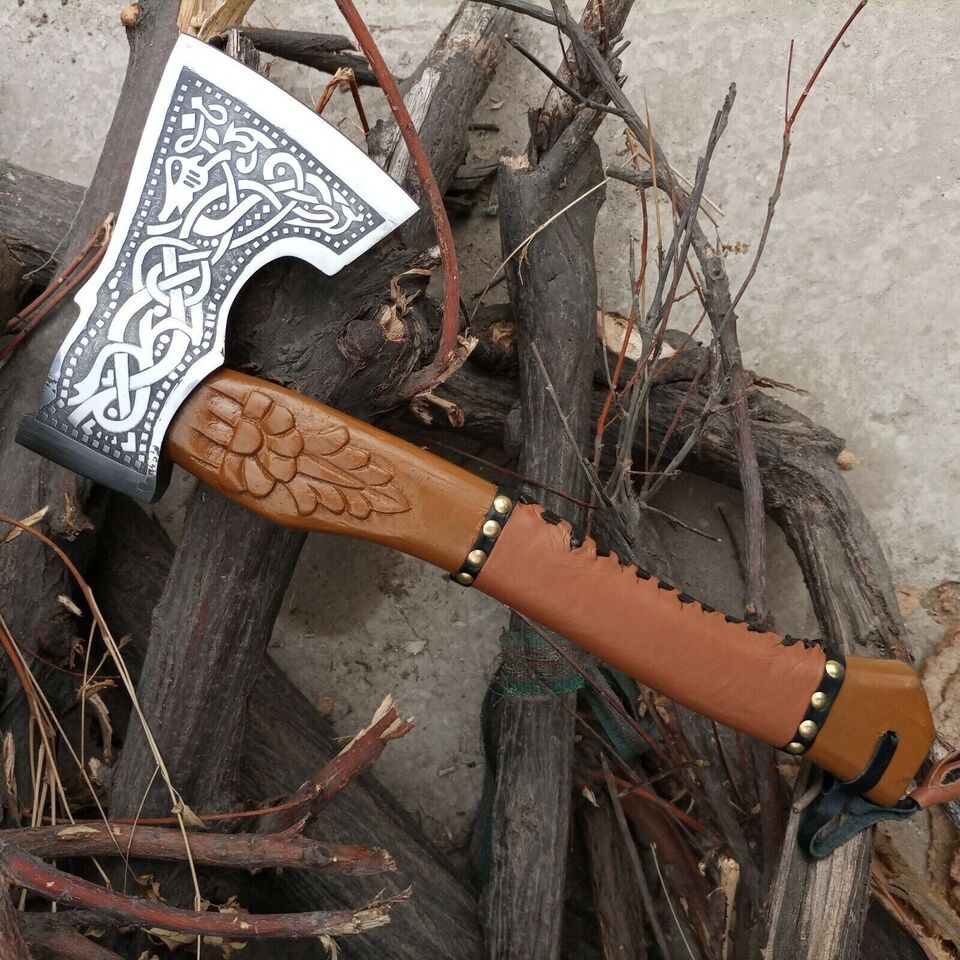 CUSTOM HANDMADE STEEL HATCHET TOMAHAWK VIKING AXE WRAPING LEATHER ON HANDLE