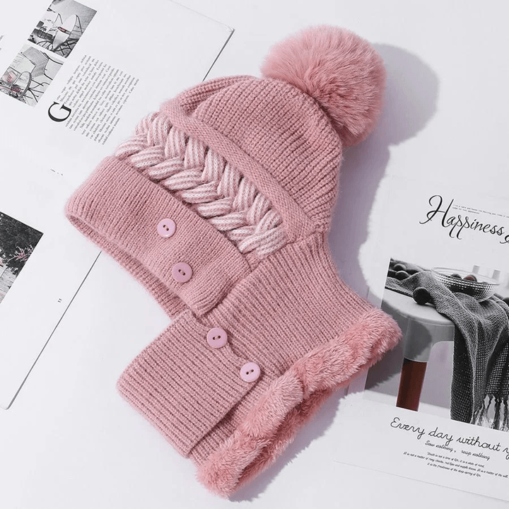 Womens Plush Fur Lined Winter Hat with Pompoms and Windproof Balaclava Design