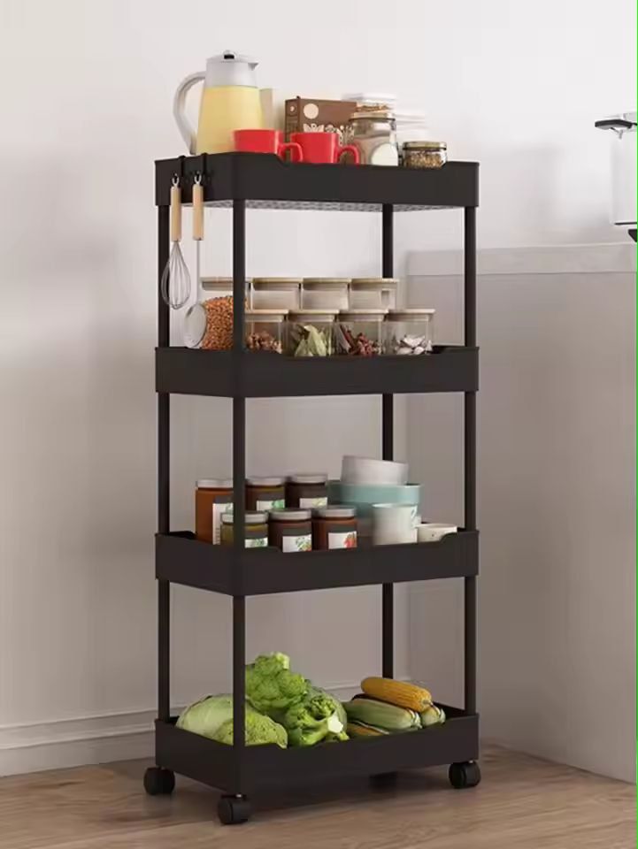 SlimSpace 3/4-Tier Rolling Storage Cart, Slim Slide-Out Organizer Rack for Kitchen & Bathroom