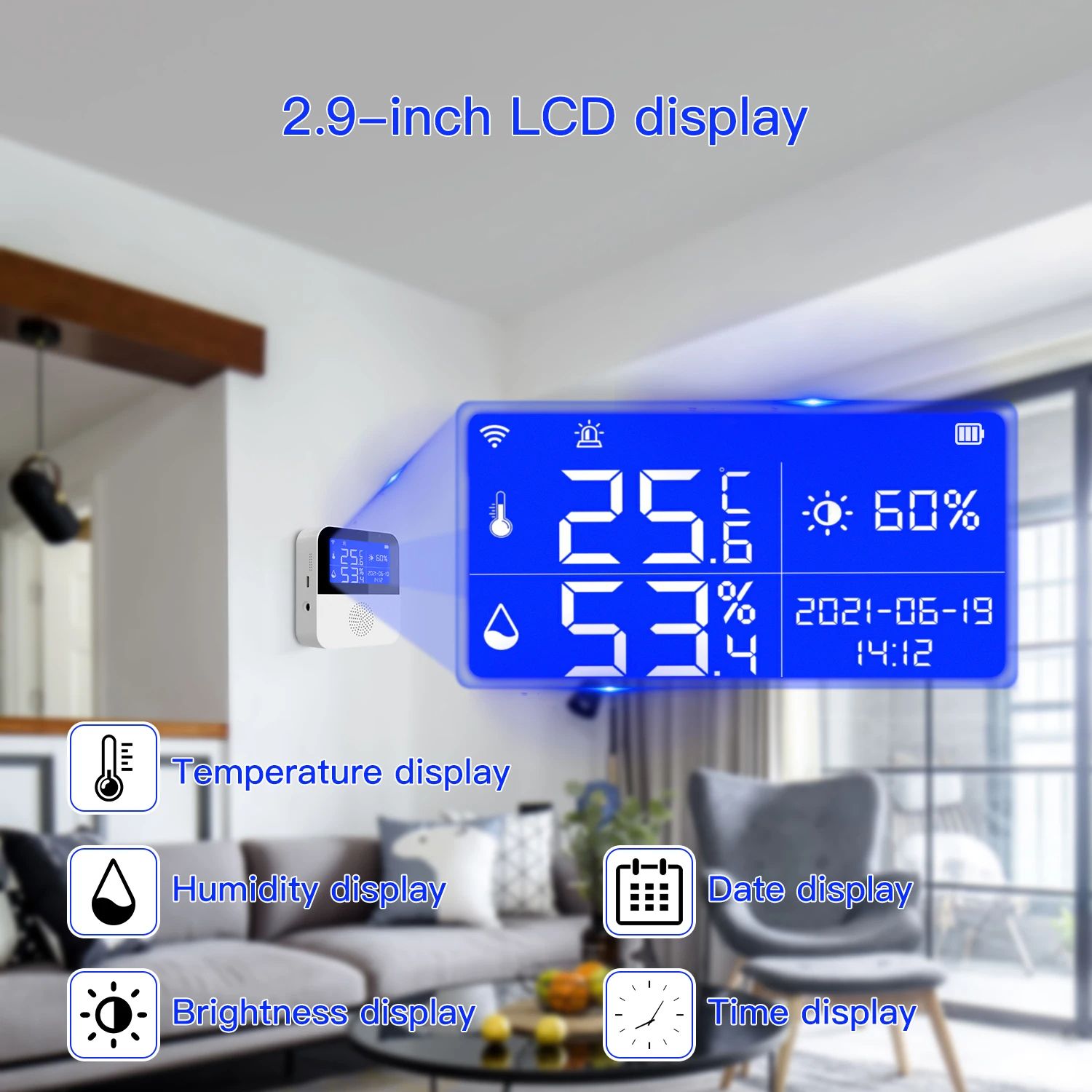 Smart WiFi Temperature and Humidity Sensor, Tuya-Enabled Indoor Thermometer Hygrometer with Backlight LCD Display
