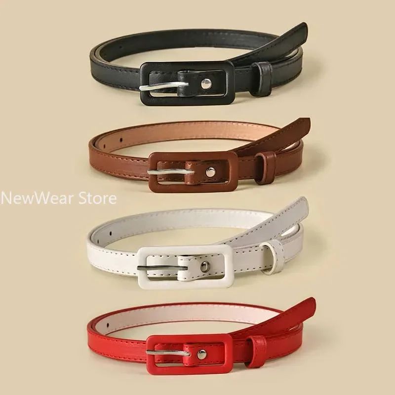 Women's Skinny PU Leather Belt with Vintage Buckle – Thin Dress Waist Belt for Ladies