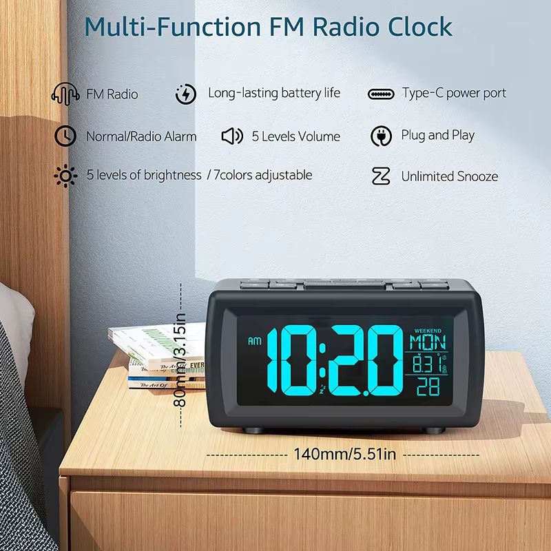 FM Radio Alarm Clock Retro Digital Desk Clock with 7-Color Font and Date/Week Display