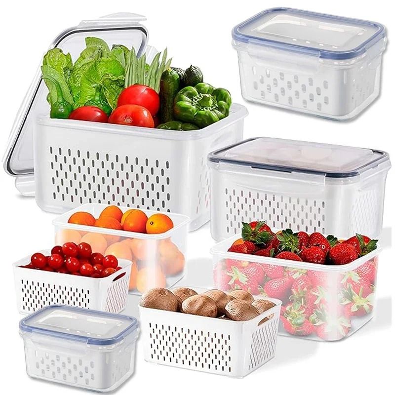 Fridge Food Storage Containers with Strainer Fresh Produce Organizer Set