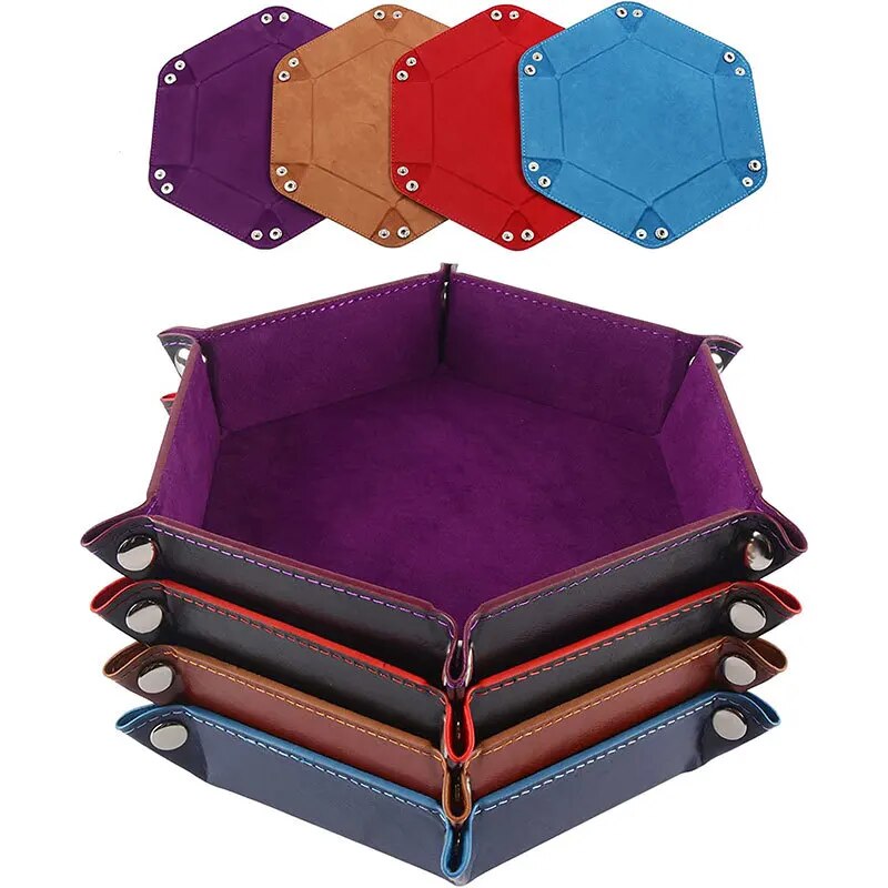 Hexagonal Leather Dice Tray with Storage Box – PU Velvet Board Game Accessories