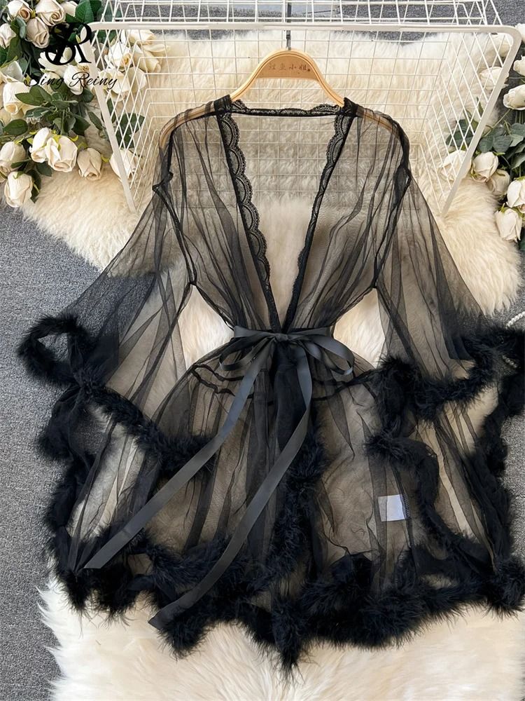 Sheer Erotic Mesh Robe – Elegant Plush-Trimmed Nightgown