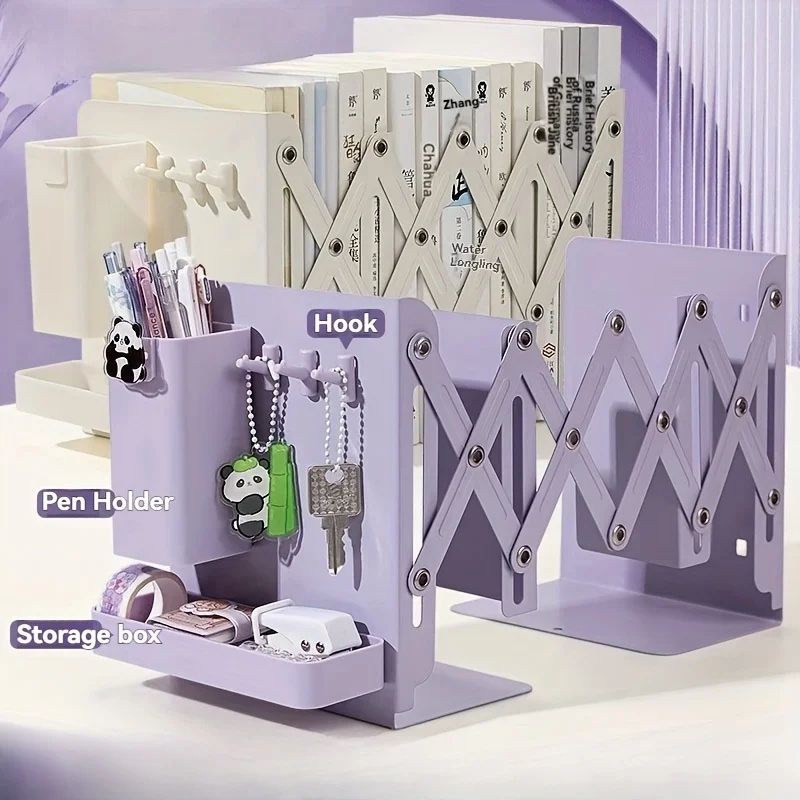 6-Piece Retractable Bookends Set with Storage and Pen Holders