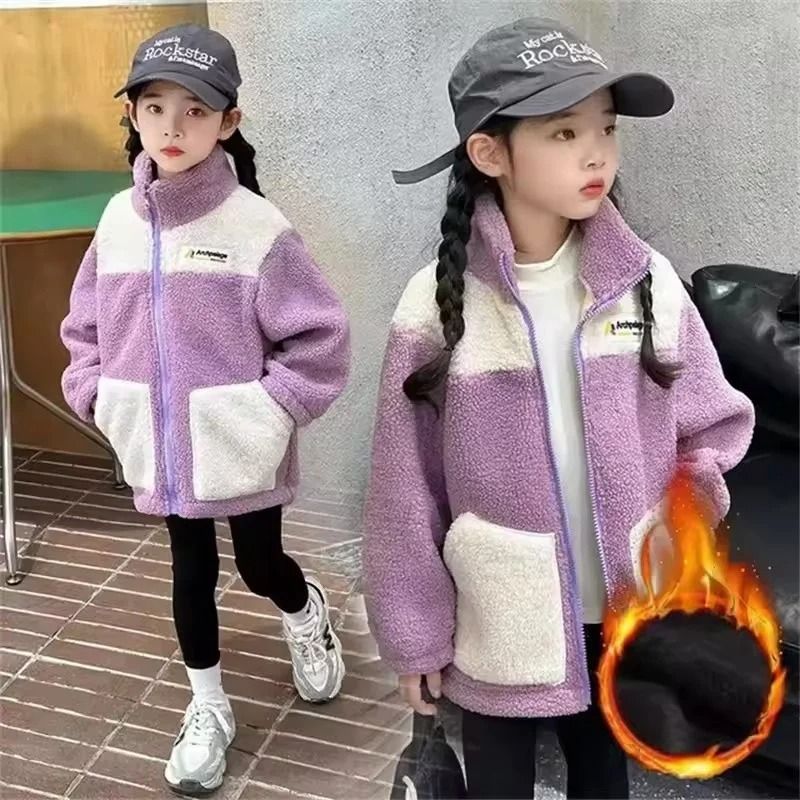 Girls Lamb Wool Winter Jacket Warm Velvet Lined Kids Padded Coat