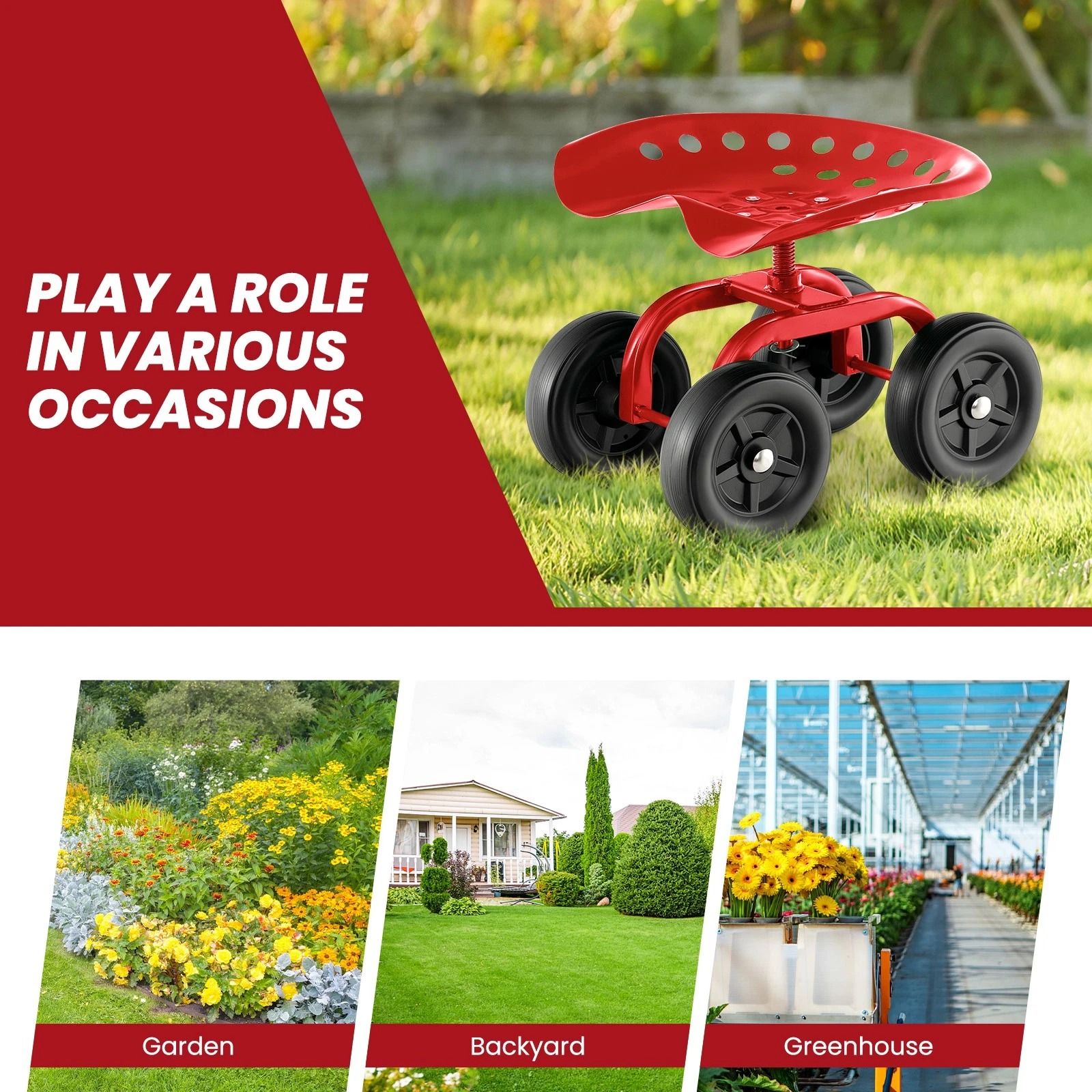Heavy Duty Rolling Garden Cart with Adjustable Height & 360° Swivel Seat