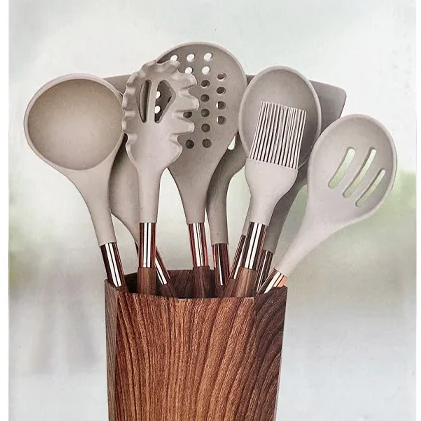 Premium Silicone Kitchen Utensils Set with Gold-plated Wood Grain Handles - Spatula, Spoons, Cooking Tools