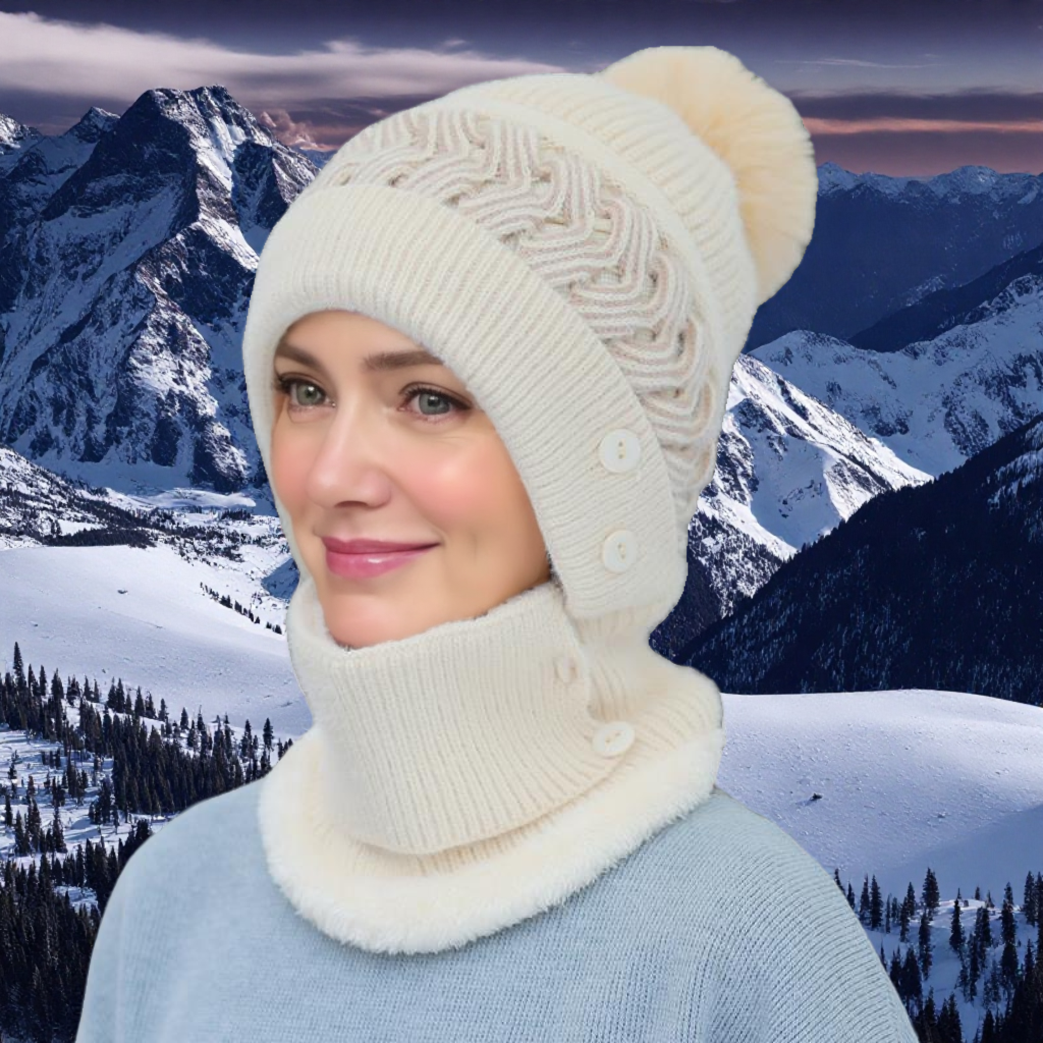 Windproof Coldproof Thicken Balaclava Cap, Plush Fur Lined New Style Female Pompoms Winter Hat, Keep Warm for Women