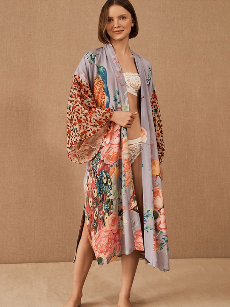 Peacock Printed Beach Kimono for Women, Self Belted Wrap Dresses, Swimsuit Cover Up, Seaside Bathing Suits, Beachwear