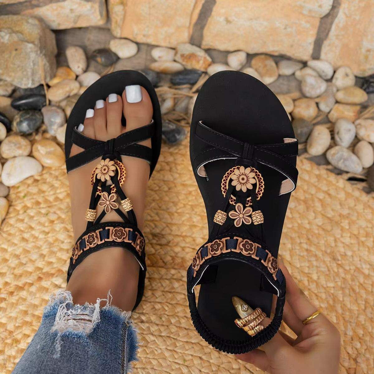 Boho Bliss Round-Toe Flat Sandals – Casual Summer Bohemian Sandals