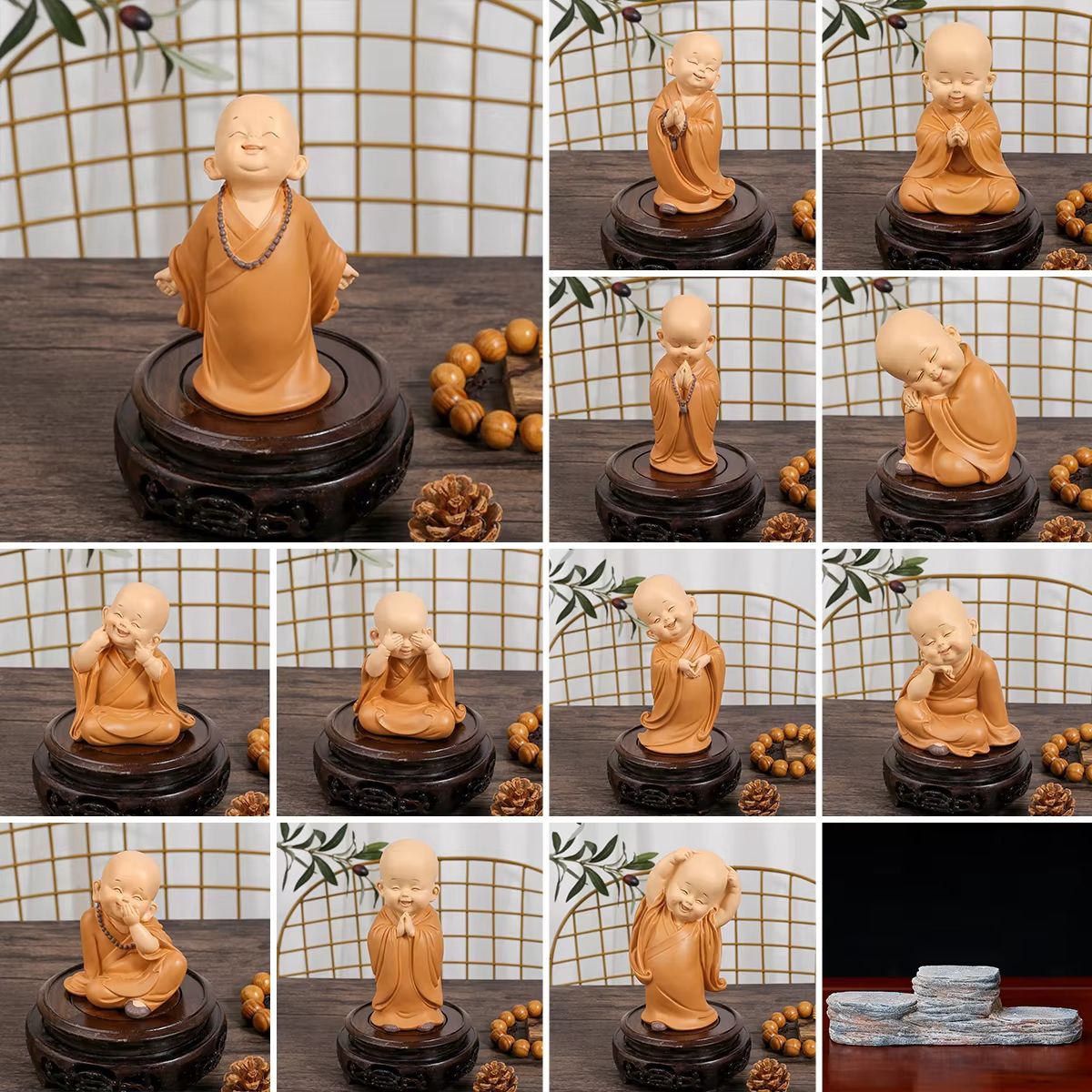 Cute Little Monk Resin Statue Mini Buddha Figurine Zen Desk Decor