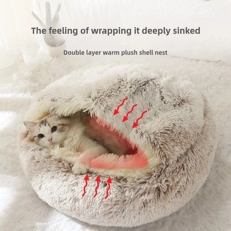 CozyShell Cat Cave Bed for Indoor Cats – Soft Winter Nest with Plush 2-in-1 Design